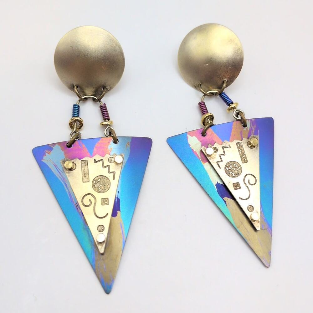 VTG Sterling Mixed Metal Niobium PostModern Geometric Triangle Drop Earrings